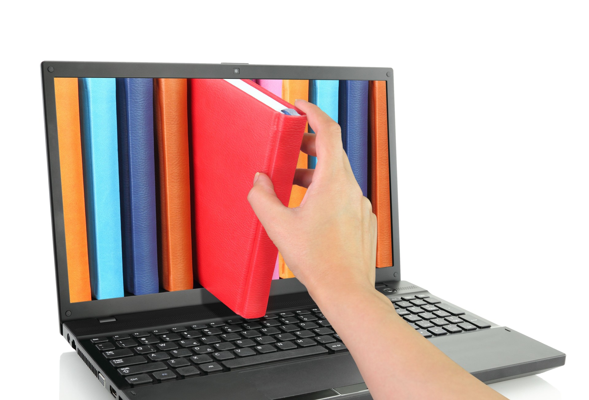 Hand removing a book from notebook screen